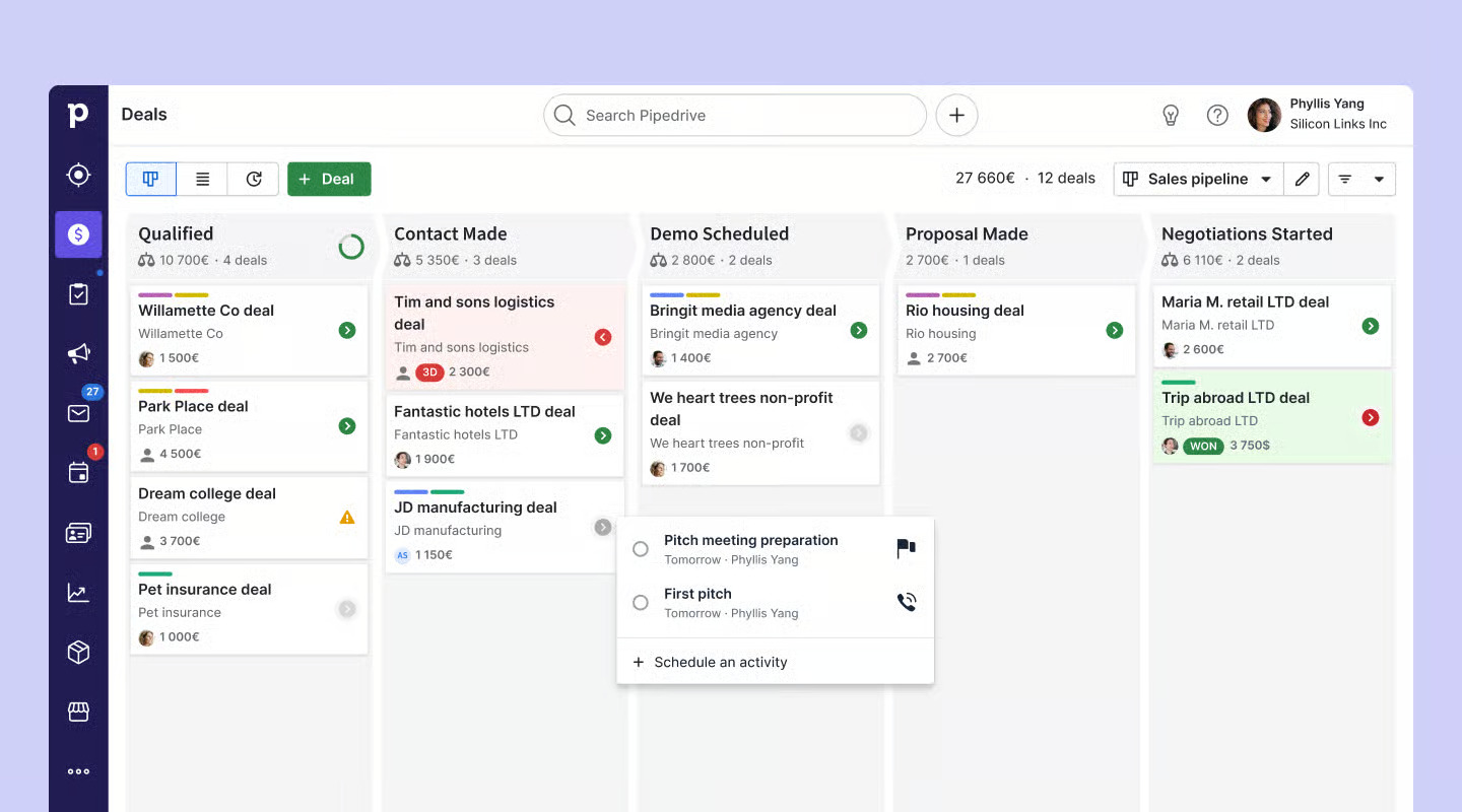 Pipedrive CRM pipeline view with deal stages and cards in a kanban layout.